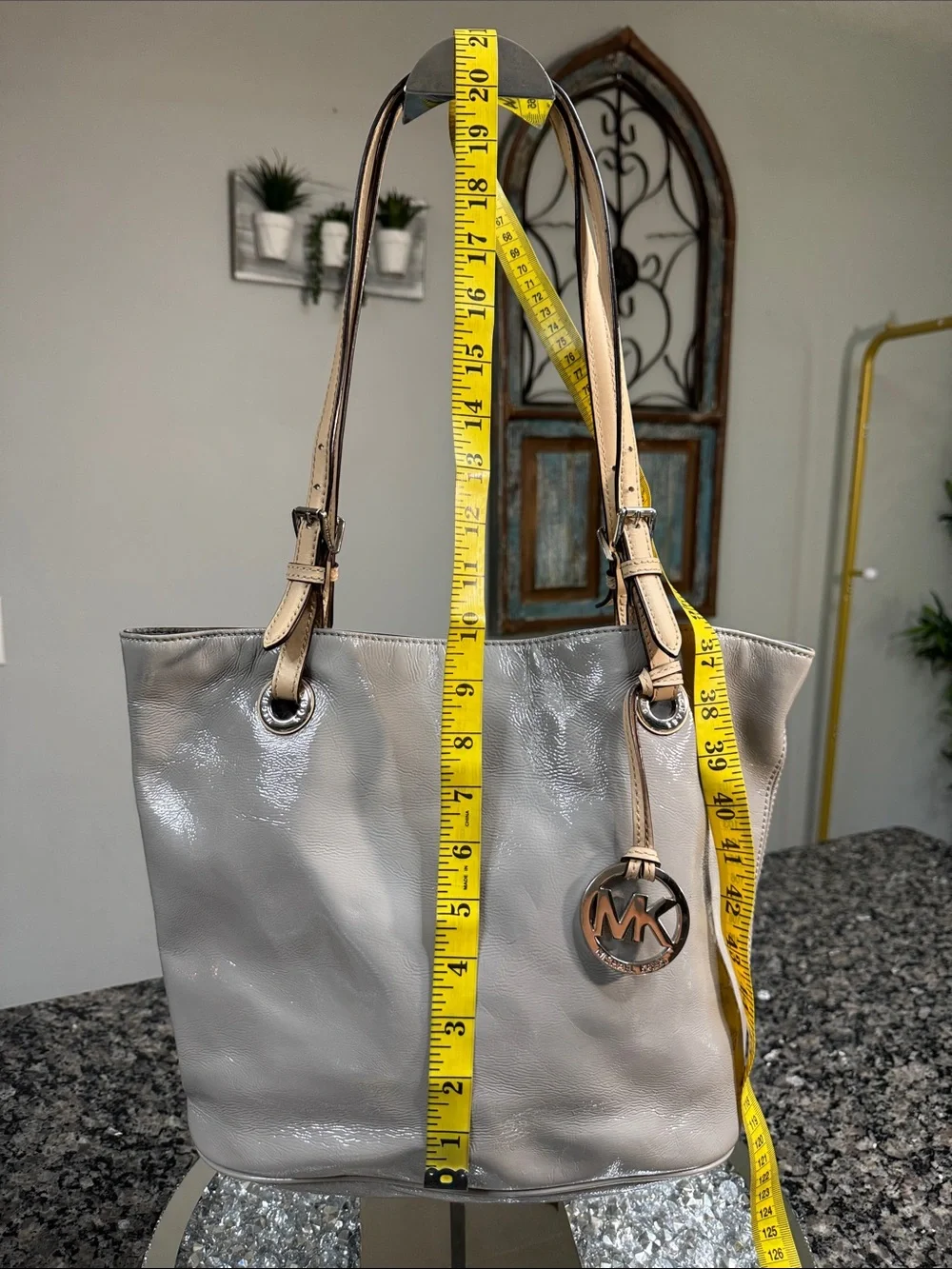 Michael Kors Light Gray Patent Tote with Beige Straps